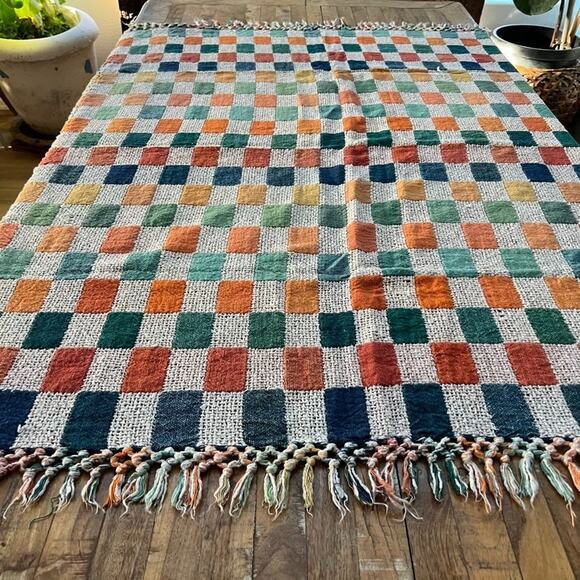 Woven Throw Blanket Checkered Multicolor Fringe 58" x 46.5" - Picture 5 of 16